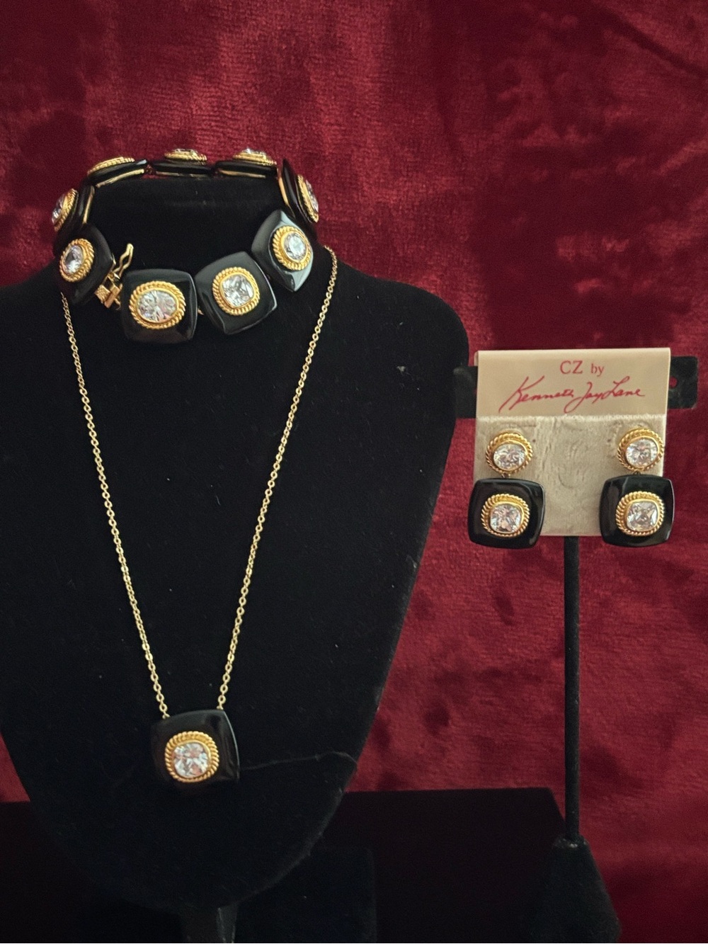 Kenneth Jay Lane Black and Gold CZ Pendant Necklace bracelet  and Earrings Set